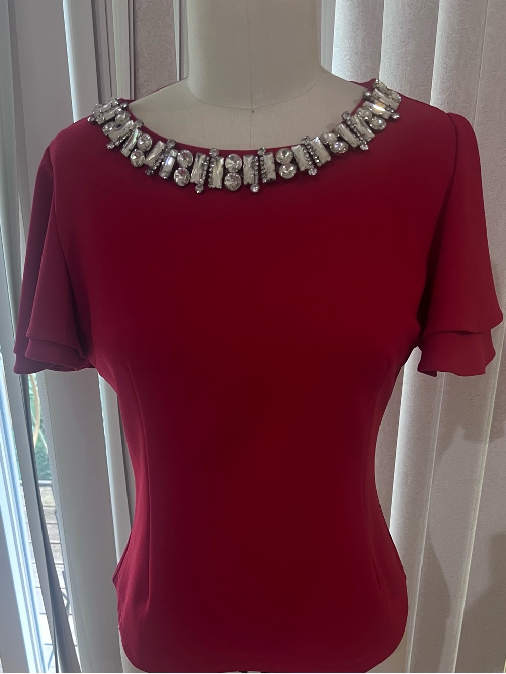 Gracia Red Embellished Jewel-Neck Blouse